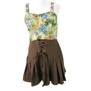 Cider Floral Patchwork and Brown Skirt Mini Dress
